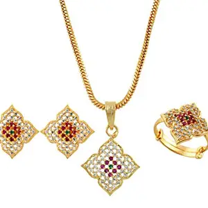 Handicraft Kottage Ethnic American Diamond Necklace Ear Ring Set Wedding Jewellery for Women/Girl - Square 4 Leaf Design (White - Red)