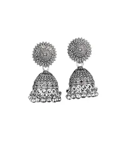Traditional Crystal-Embellished Oxidized Silver Jhumka Earrings, Antique Tribal Design, Drop Dangle Style, 4.5 cm Length, 2 Pieces