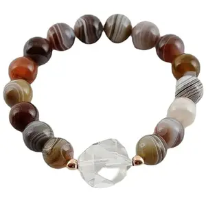 RRJEWELZ Natural Botswana Agate With Crystal Quartz Round Shape Smooth Cut 10mm Beads 7.5 inch Stretchable Bracelet for Healing, Meditation, Prosperity, Good Luck | STBR_02348