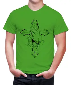 Caseria Men's Cotton Graphic Printed Half Sleeve T-Shirt - Cross Prayer (Parrot Green, XXL)