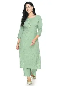 Mauravi Fashion Women's Green Embroidered Straight Kurta with Palazzo Set and - Indian Ethnic Wear for Women
