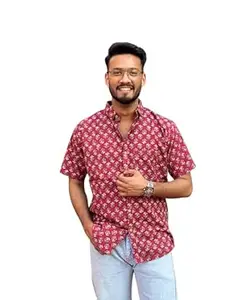 KEERRAZ Cotton Half Sleeve Premium Casual Shirt with Traditional Sanganeri Jaipuri Print for Office wear & Daily Use