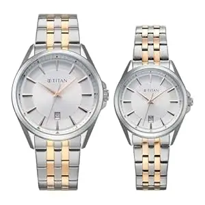 Titan Modern Bandhan Pair Analog with White Dial Dual Tone Rose Gold Stainless Steel Strap Watch for Couples - 9401594215KM01