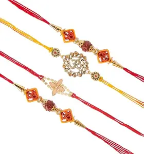 Collectible India Pack of 4 Rakhi For Brother - Rakhi For Brother and Bhabhi Kids - Lumba Rakhi For/Round Extensive Work Rakhi For Bhaiya/Om Rudraksh/Rakshabandhan Gifts (RAKHI127)