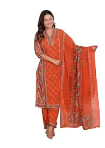 Gulmohar Enterprises Women's Cotton Printed Straight Kurti With Pant and Dupatta Set (Orange)