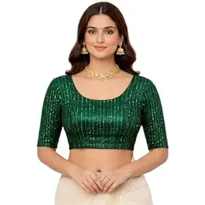 Shimmer Sequin Stripe Fabric Blouse for Women | Half Sleeve Round Neck Readymade Saree Blouse | Party