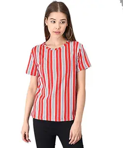 KOTTY Red Striped Cotton Women T-Shirt (KTTWOMENSTSHIRT169L)