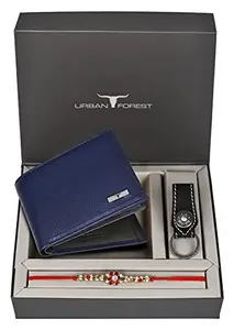 URBAN FOREST Rakhi Gift Hamper for Brother - Blue Men's Leather Wallet, Black Keyring and Rakhi Combo Gift Set for Brother - 4565