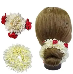 BHAV COLLECTION Wedding Gajra, Scrunchie Gajra Bracelet, Hand Gajra, Indian Wedding Floral Jewelry Gajra, Mogra Gajra, Elastic Gajra pack of 2 (with rose) (OFFER PACK OF 2)