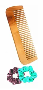 BigBro Pure Natural Wooden Comb Wide Teeth for Women and Men | Organic Antibacterial Hair Dandruff Remover Styling Comb| Handcrafted (Super Saver Pack of 1Combs + 2 Velvet Hair Scrunchies)