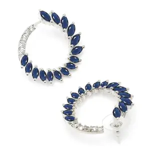 Karatcart Silver Plated Blue American Diamond Leaf Design Hoop Earrings for Women