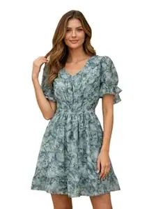 IKTARA CLOTHING Women's Heavy Georgette Floral Printed Frock Dress | Digital Print Short Dress | Round Neck | Casual & Party One Piece Dress