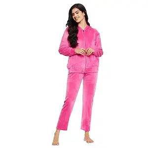 CAMEY Women's Winter Full Sleeve Top and Pajama Pants Regular Fit Night Suit Hooded Top and Pyjama Set Ladies Night Dress (Small, Pink)
