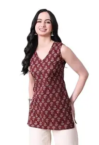 MEERA FAB Women's Floral Printed Cotton Short Top | Floral Booti Printed Top Cut Sleeves | Short Kurti for Women