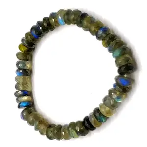 RRJEWELZ Unisex Bracelet 8mm Natural Gemstone Labradorite Rondelle shape Faceted cut beads 7 inch stretchable bracelet for men & women. | STBR_04599