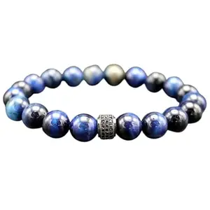 Lady Works Natural Azure Blue Tigers Eye 10mm Round Shape Smooth Cut Beads 7.5 Inch Stretchable Bracelet For Men & Women. Unisex Bracelet For Healing, Meditation, Prosperity, Gift & Luck|LW_BRST_01094_7.5