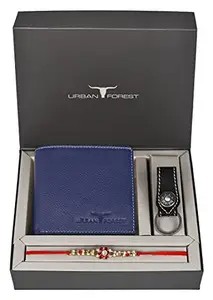 URBAN FOREST Rakhi Gift Hamper for Brother - Classic Blue Men's Leather Wallet, Black Keyring and Rakhi Combo Gift Set for Brother - 4557