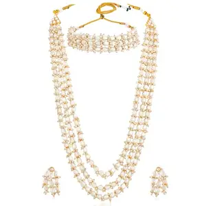 Peora Gold Plated White Beads Studded Long Necklace & Choker Necklace with Earrings Fashion Jewellery Set for Women