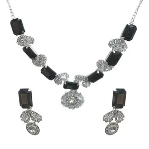 MYSTERIOUSMART Crystal Statement Necklace and Earrings Set, Black Gemstones with Silver Filigree Design, Formal Jewellery Collection