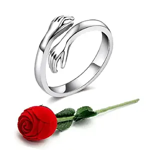 University Trendz Silver Hug Ring for Women & Girls with Velvet Red Rose Box - Romantic Gift for Valentine Day