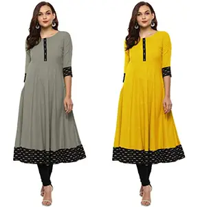 Yova Style Plain Cotton with Laces Anarkali Dress Kurti for Ladies Women - Combo Packs of 2 Grey, Yellow Colour Small Size
