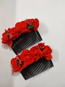 AB Beauty House Acrylic Comb and Cloth Flower Hair Clip Side Comb Flower Design Jooda Hair Pin Pearl Hair pin Comb For Women And Girls (Red) Pack of 2