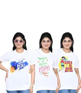 SWAGATA Enterprise Women's Casual Graphic Printed Holi T-Shirt Combo I Regular Fit Round Neck Air Jet Tshirt for Women I Unisex Tshirt Combo, Pack of 3 - White/Multi35 (Size - S)