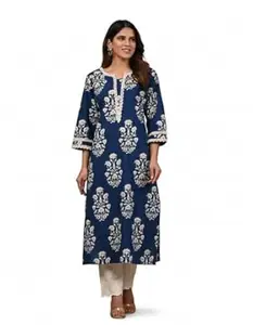 LOOM n BLOOM Women's Indigo Blue Cotton Floral Print Kurti | Ethnic Straight Tunic with Lace Detailing & 3/4 Sleeves | Casual & Office Wear Kurtas for Women