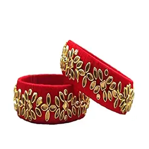 HARSHAS INDIA CRAFT Thread New Silk Thread Bangles With Kundan Stones Chuda Bangle Set For Womnes and girls (Red) (Size-2/0)