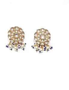 Ethnic kundan floral pearl drop with blue back clip stud earring