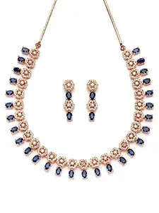 Karatcart Rose Gold Plated Floral Design Blue Cubic Zirconia Studded Necklace Set