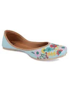 DESI COLOUR Flat Footwear/Mojari/Punjabi Jutti/Bellies for Women - Floral Embroidery (Sea Green, 6)