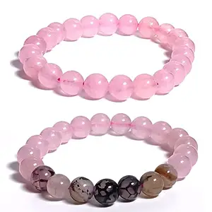 MODERN CULTURE JEWELLERY Natural Rose Quartz Pink Beads & Brown Zebra Jasper Beads Bracelet For Men & Woman | Unisex Beads Bracelet Combo Offer Pack of 2