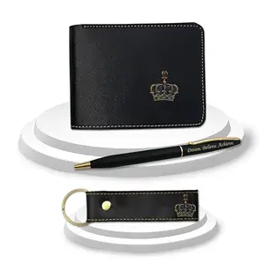 SAVRI New Year Gift Hamper for Men (Brown) - Slim Pen with Dream. Believe. Achieve Quote, Leather Keychain & Wallet with Customized Charm - Premium Gifts for Him, Father, Brother, Boyfriend (Black)