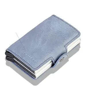 AE MOBILE ACCESSORIES Carrken® Antitheft Men and Women Credit Debit Card Holder Business Card Holder Crazy Horse PU Leather Double Metal RFID Double Aluminium Box Travel Card Wallet (FM910) (TOHAE BLUE)