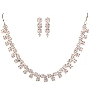 RATNAVALI JEWELS American Diamond Necklace set Silver Plated Traditional White Jewellery Set with Sleek Earring for Women/Girls RV5050-W