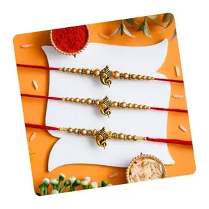 Poorak Religious Assorted Rakhi Set of 3 – Shankh Design in Golden Finish with Roli Chawal
