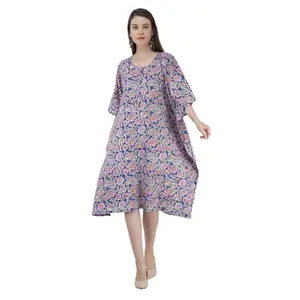 Ruhaaniyatt Women Casual Printed Kaftan Top | Cotton Kaftan Dress Women | Round Neck | A-line Kurta | Latest Stylish Casual Kaftan for Women | 3/4 Sleeve | Blue (XX-Large)