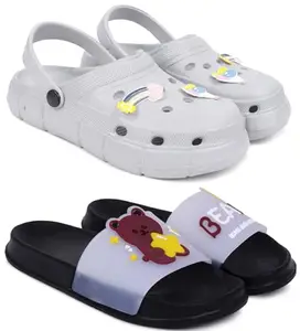 Pampy Angel Combo Pack of 2 Slipper/Flip Flops/Slides/Clogs/Sandals with Adjustable Back Strap for Women,(WCL-Ranbo-Grey,Bear-Black),37 (Euro)
