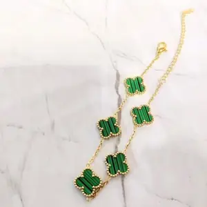 Elegant Green Clover Chain Bracelet, Gold-Plated, Malachite Style Inlay, Fashion Jewellery