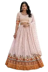 Women's Lehenga Choli Set, Pink with Orange Border, Printed Pattern, Traditional Indian Ethnic Wear, 3-Piece Set with Dupatta,Gopi Dress,Vrinavan Dresses