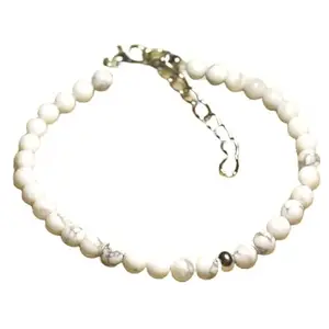 LKBEADS Silver Plated Bracelet with White Smooth Howlite Beads – Round 6mm – 7 inch Adjustable – For Men & Women|LK_STACK_03787