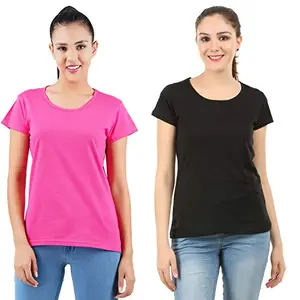 Midaas Womens Cotton Solid Tshirt Dark Pink ::Black Large Pack of 2