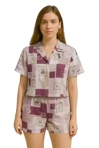 Women Shorts And Shirt co-ords Set | Stylish Short | 2 Piece Set | Stylish Western | Beach & Holiday Look | Summer Travel Outfit Purple06 L