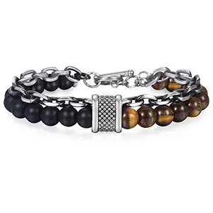 Moneekar Jewels Natural Stone Beads Bracelet for Men Boys Stainless Steel Rolo Cable Link Chain Double Bracelet