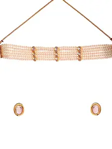 AQUASTREET Gold Plated Kundan studded Pearl Strings Choker Necklace Set - White