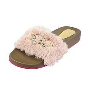 Catwalk Women's Faux Fur Embellished Slides Pink Slipper (4901PK)