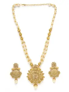 Adiva Latest Stylish Traditional Gold-Plated Stone-Studded & Pearl-Beaded Floral Handcrafted Necklace with Earrings Jewellery Set for Women & Girls