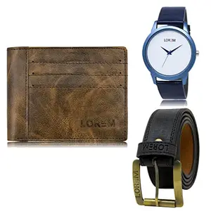LOREM Mens Combo of Watch with Artificial Leather Wallet & Belt FZ-LR33-WL19-BL01