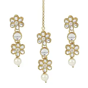 OOMPH Jewellery Gold Tone Maangtikka Set - Pearls & Kundan Studded with Drop Earrings in Floral Design For Women & Girls Stylish Latest (EMGO4_AOR1)